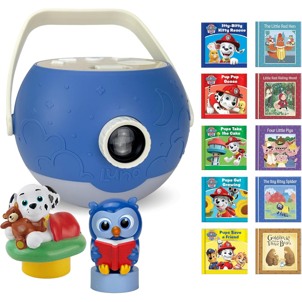 Luna Storytime Kids Book Projector front view displaying the main unit with a character figure attached.