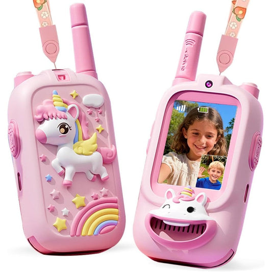 Kahopy video walkie talkies for kids front view showing pink unicorn design and digital display screen