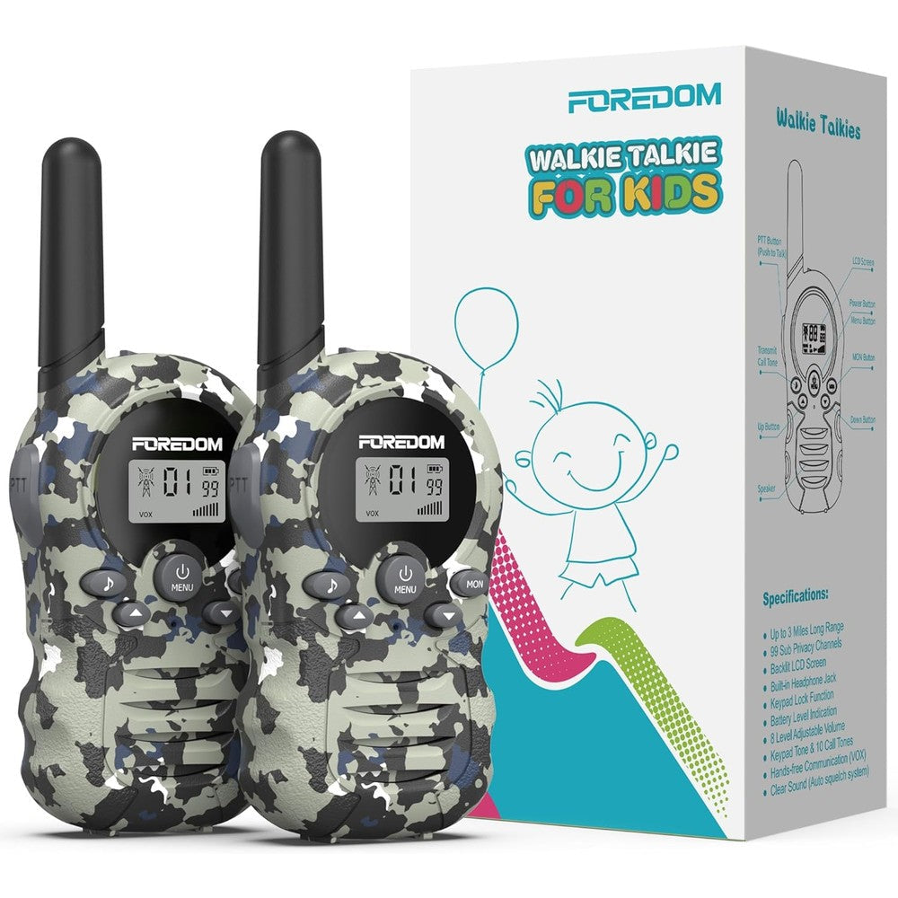 FOREDOM Kids Walkie Talkies front view in camouflage grey showing buttons and backlit LCD screen