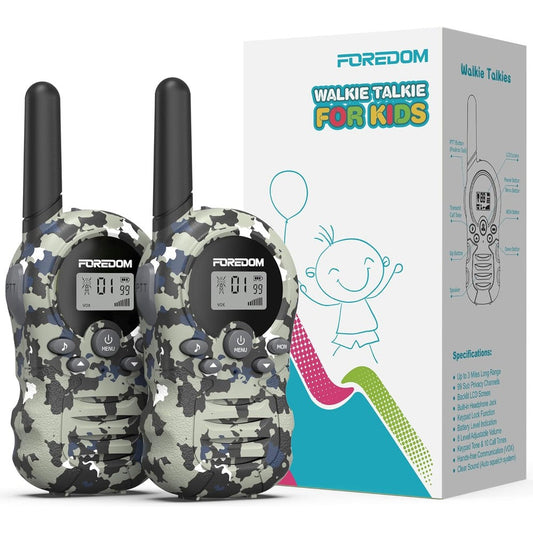 FOREDOM Kids Walkie Talkies front view in camouflage grey showing buttons and backlit LCD screen