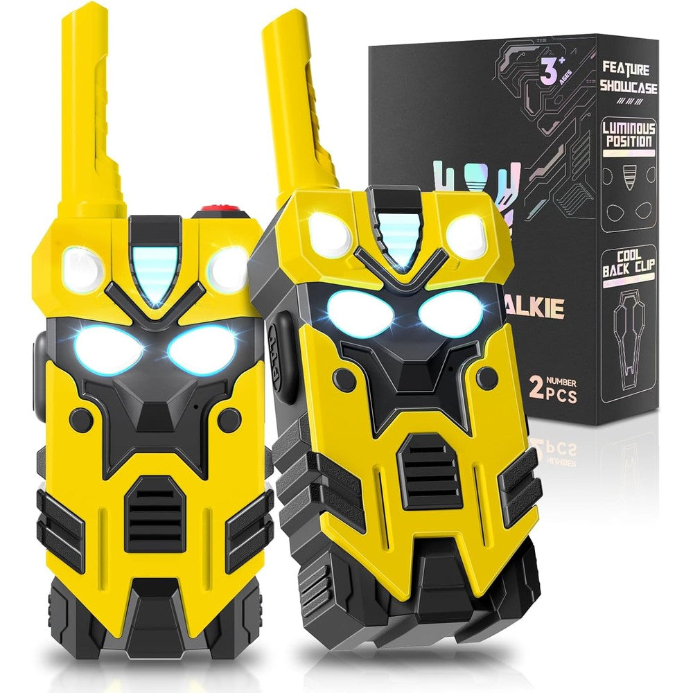 BTMBORY Hornet Transform Toys Walkie Talkies front view featuring two yellow robot radios with glowing eyes.