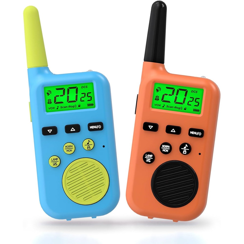 Peakeep kids walkie talkies front view showing blue and orange two pack two way radios with liquid crystal display screen