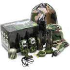 CEREM Kids Explorer Kit front view showing the full ten piece camouflage camping gear layout.