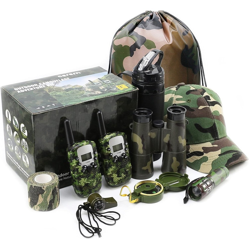 CEREM Kids Explorer Kit front view showing the full ten piece camouflage camping gear layout.