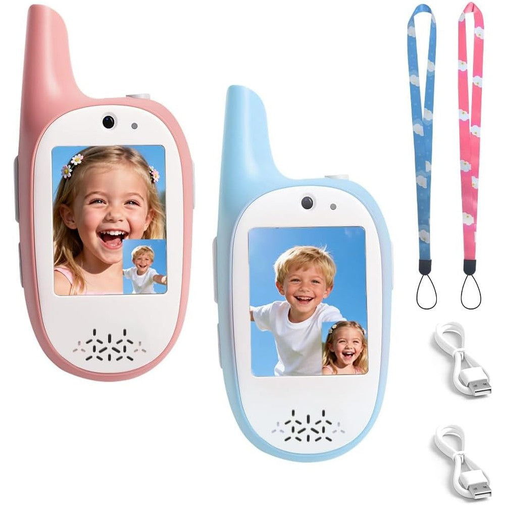JGYXQYD Kids Video Walkie Talkies blue and pink two pack shown from the front view highlighting the two inch screen