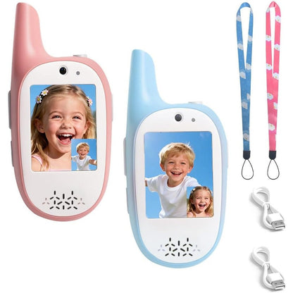 JGYXQYD Kids Video Walkie Talkies blue and pink two pack shown from the front view highlighting the two inch screen