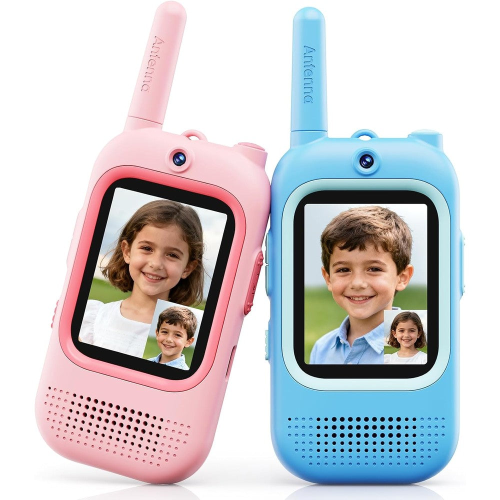 Seaonar video walkie talkies for kids front view showing pink and blue models with screens