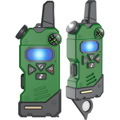 Gowtimly kids walkie talkies green two pack front view showing integrated compass and flashlight