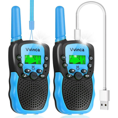 Vvinca rechargeable walkie talkies front view showing vibrant colored casing and digital screen display