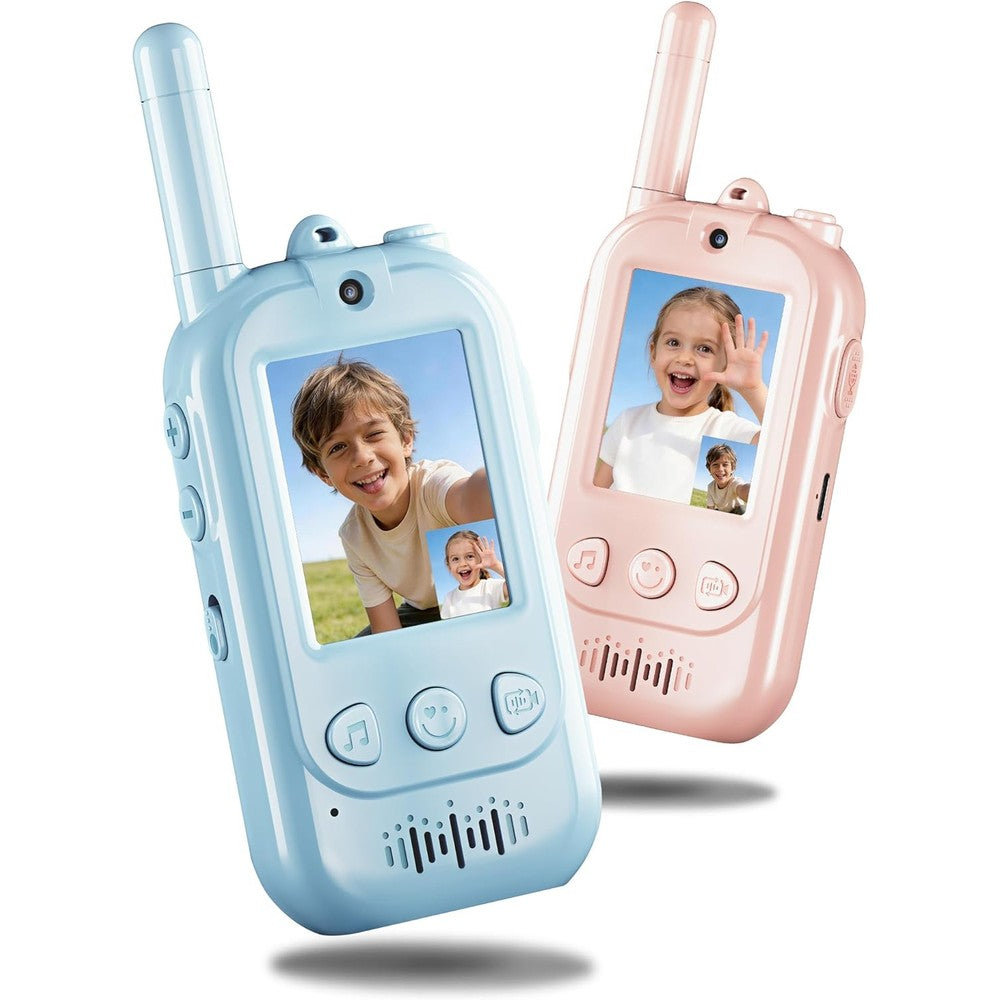 Fabeto kids video walkie talkies front view showing blue and pink devices with screens on