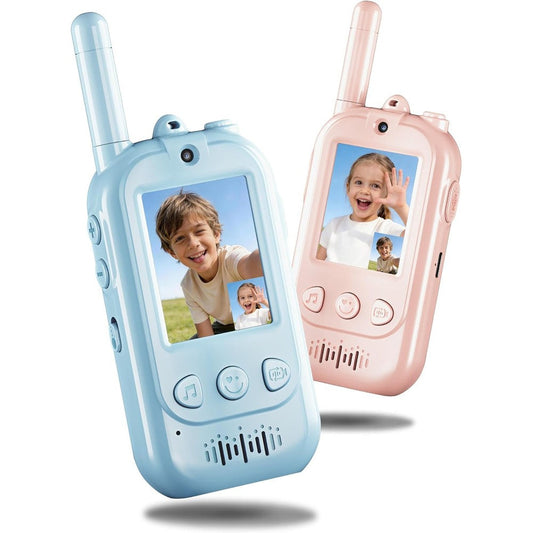 Fabeto kids video walkie talkies front view showing blue and pink devices with screens on