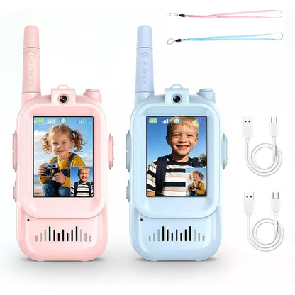YUSSBCU Kids Video Walkie Talkies front view displaying pink and blue models with active screens