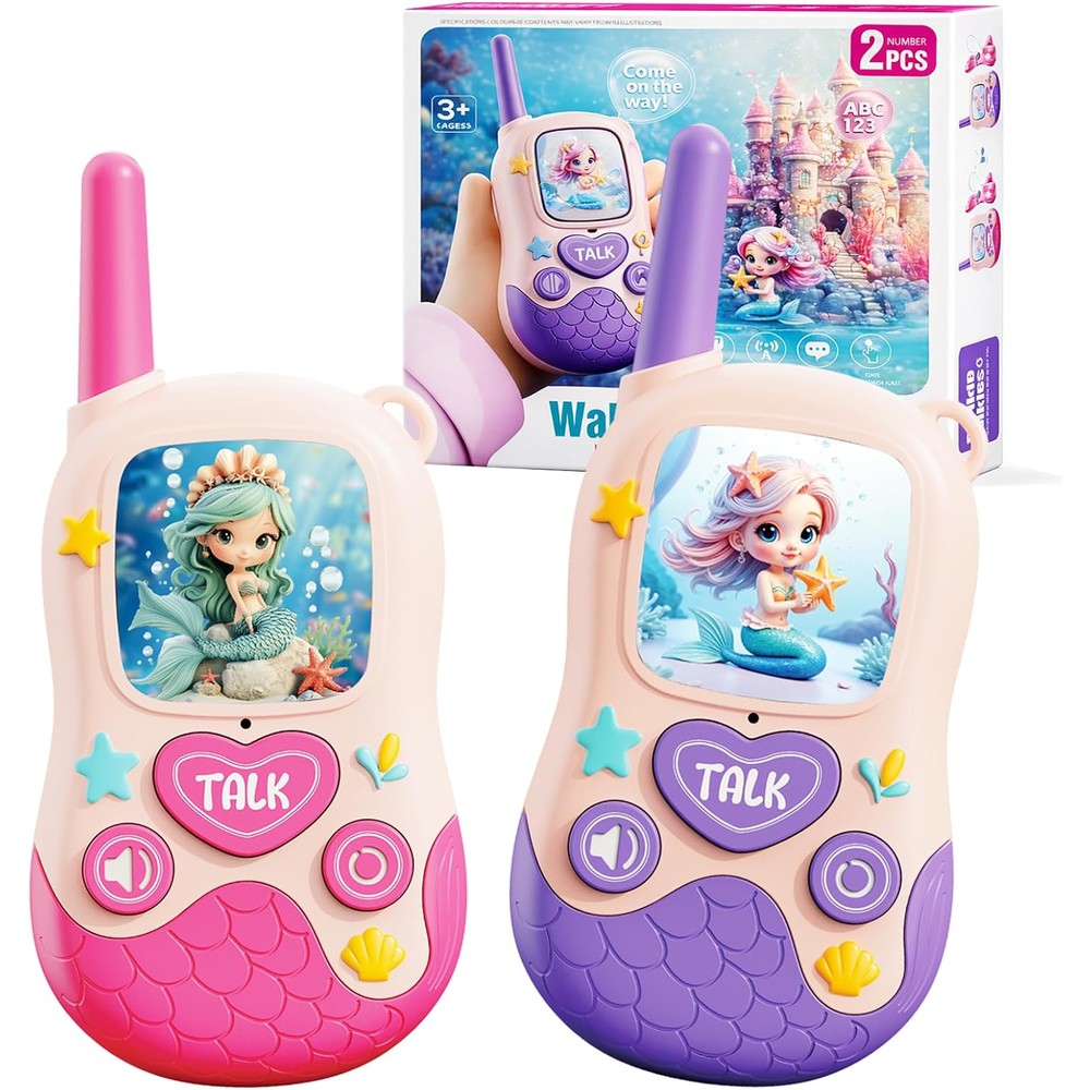 JKGIFTS mermaid video walkie talkies front view showing the pink and purple ocean themed design and LCD display screens.