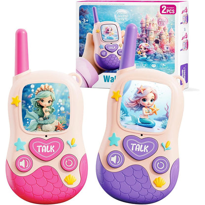 JKGIFTS mermaid video walkie talkies front view showing the pink and purple ocean themed design and LCD display screens.