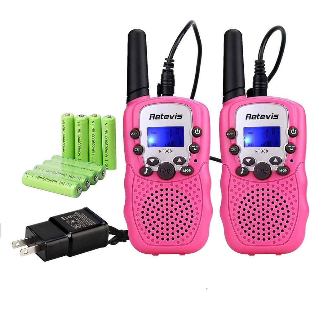 Retevis RT388 rechargeable kids walkie talkies pink two pack front view displaying liquid crystal screens