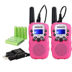 Retevis RT388 rechargeable kids walkie talkies pink two pack front view displaying liquid crystal screens