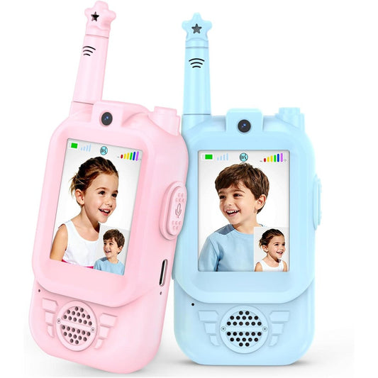 EvznFeo video walkie talkies for kids front view showing blue and pink devices with digital screens active