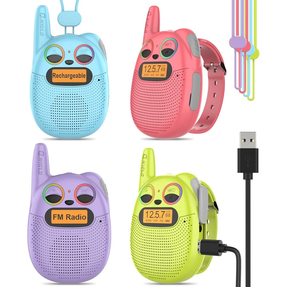 Qniglo rechargeable walkie talkies for kids four pack front view showing colorful wearable watch designs.