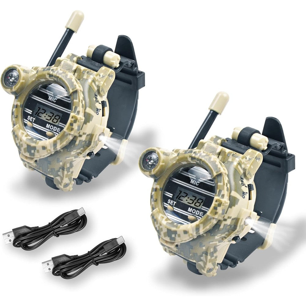 Cxjoigxi kids rechargeable walkie talkie spy watch front view displaying the desert camouflage pattern and digital screen.