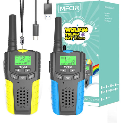 Mfcir kids rechargeable walkie talkies 2 pack front view showing yellow and black design with LCD screen