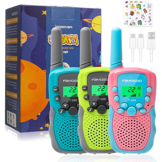 FAYOGOO kids walkie talkies three pack front view showing blue green and pink devices with digital screens