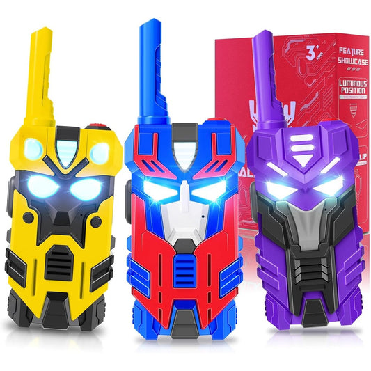 BTMBORY transform toys walkie talkies 3 pack front view showing blue and red robot designs with light up eyes