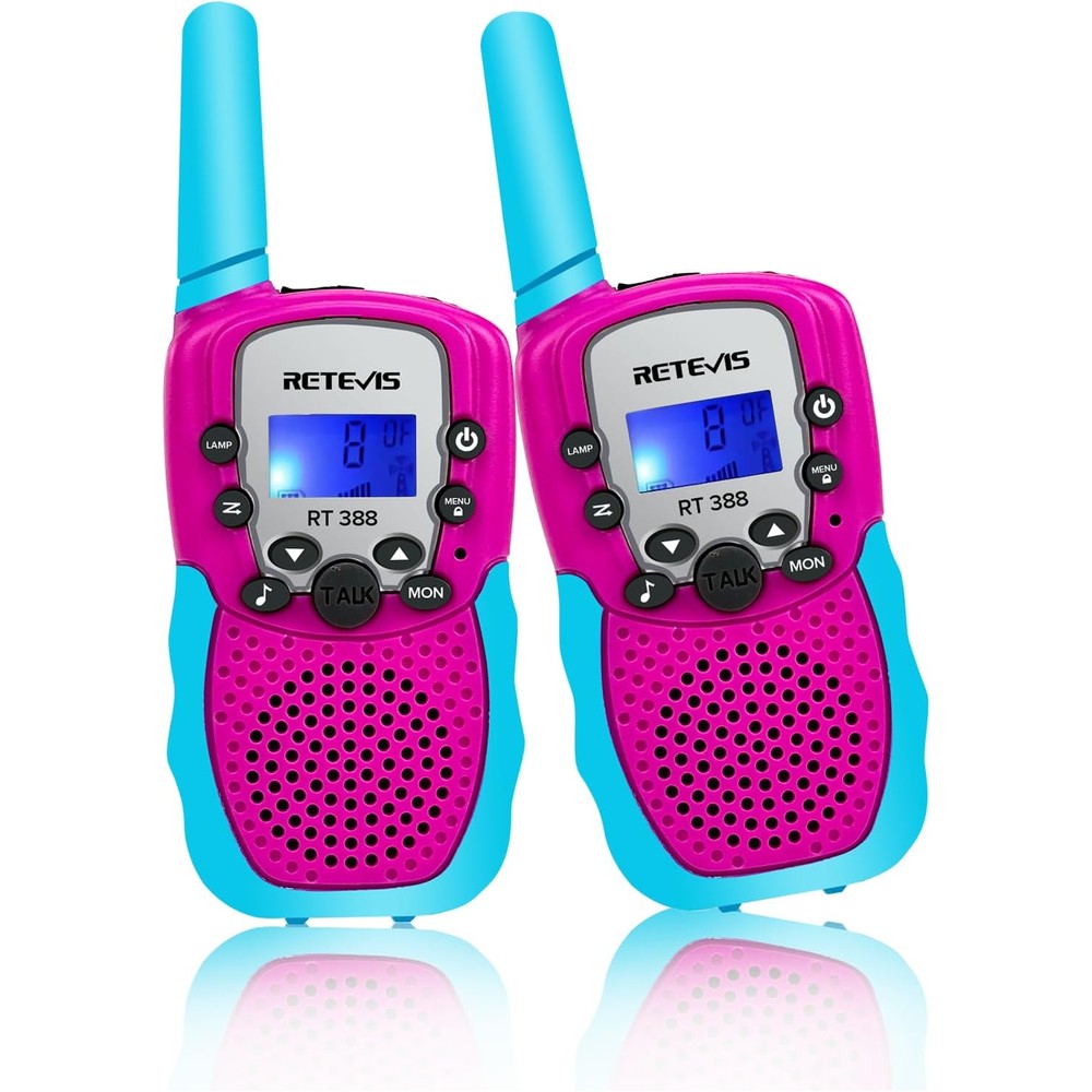 Retevis RT388 kids walkie talkies front view showing pink and blue twin pack