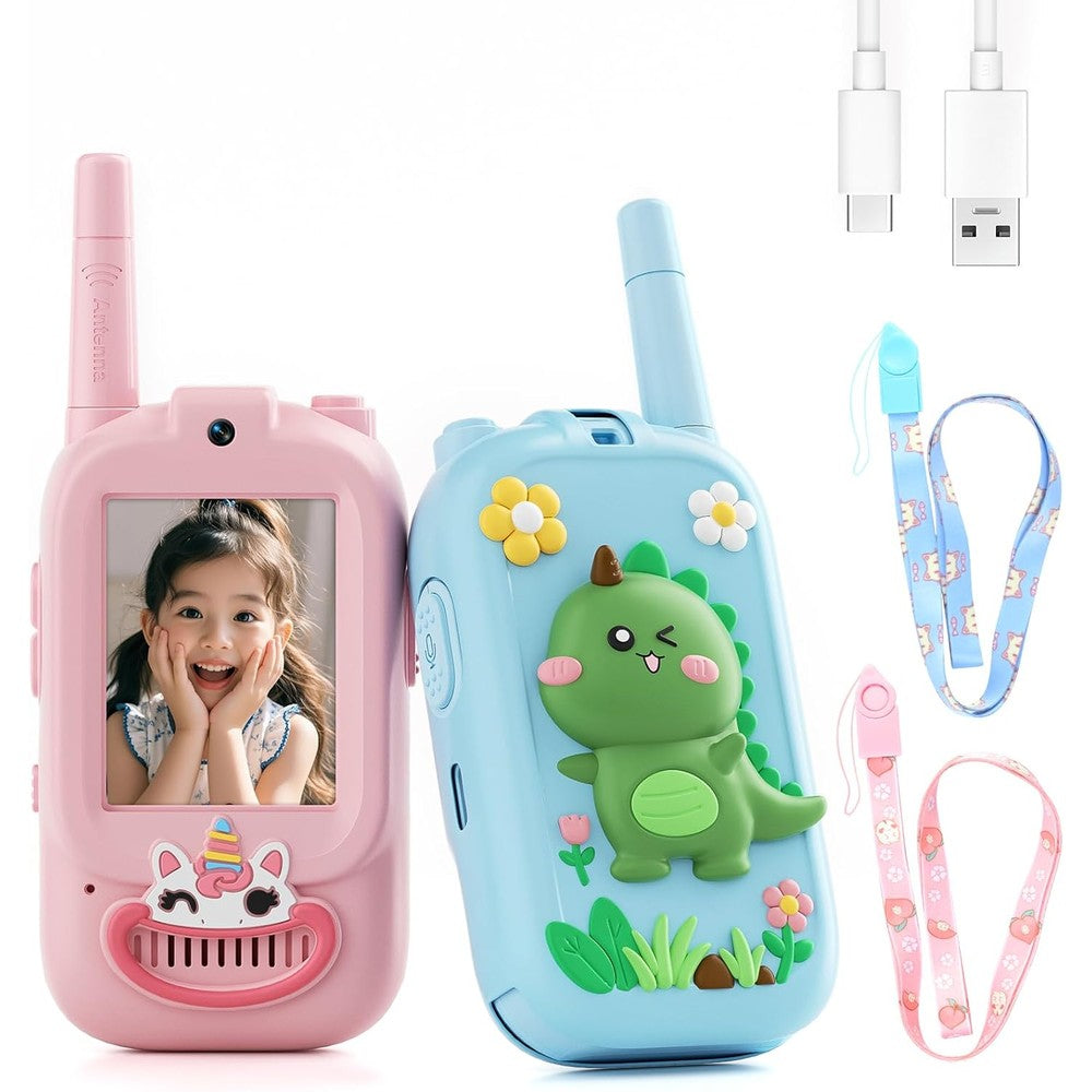 FHskFH video walkie talkies for kids front view showing LCD screen and camera lens