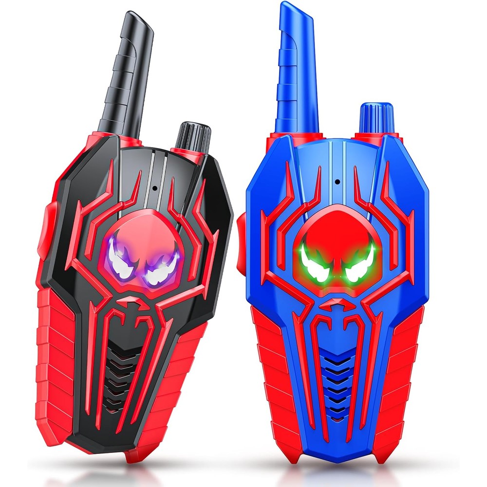 Evassal kids walkie talkies front view showing blue and red spider themed design with light up eyes