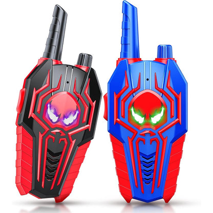 Evassal kids walkie talkies front view showing blue and red spider themed design with light up eyes