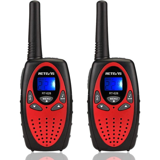 Retevis RT628 kids walkie talkies 2 pack front view showing red and black design