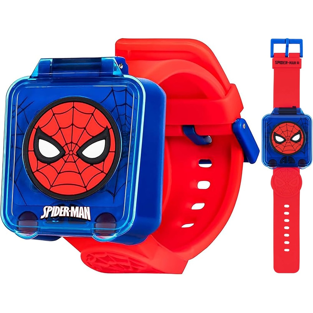 Accutime Marvel Spider-Man educational learning digital blue watch front view with red silicone strap