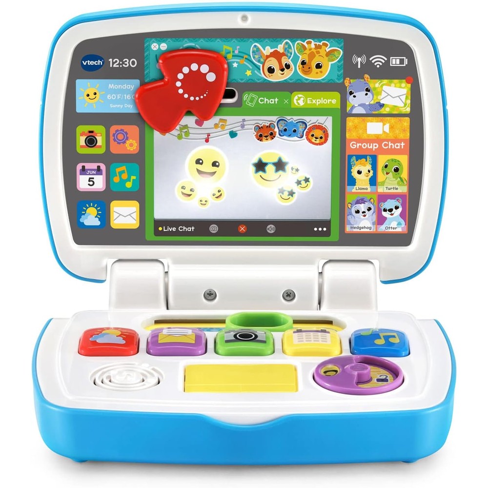 VTech Toddler Tech Laptop front view showing colorful app buttons and mirror screen.