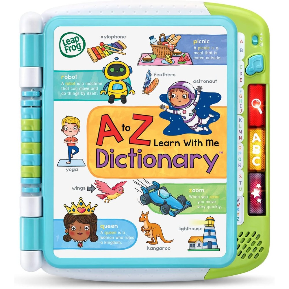 LeapFrog A to Z Learn with Me Dictionary front view showing colorful interactive touch pages