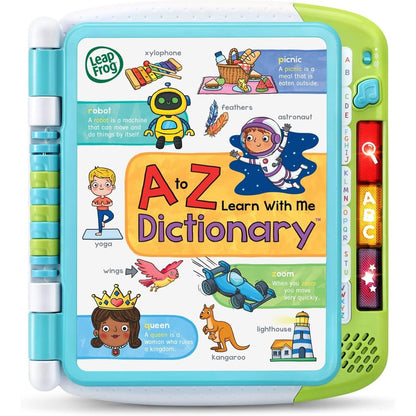 LeapFrog A to Z Learn with Me Dictionary front view showing colorful interactive touch pages