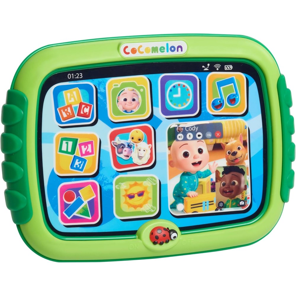 Just Play CoComelon Learning Tablet front view showing colorful app icons for early development.