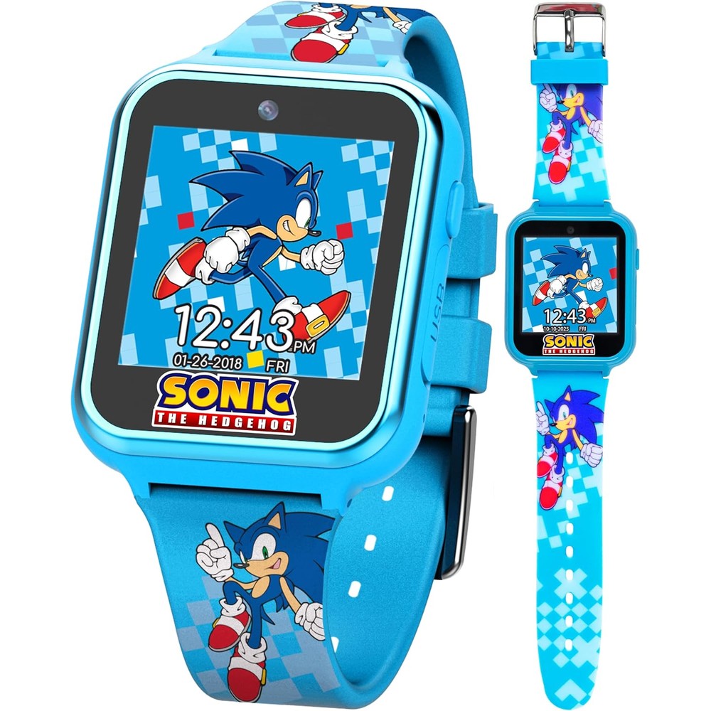Accutime Sonic the Hedgehog kids educational touchscreen smartwatch front view showcasing blue character strap design