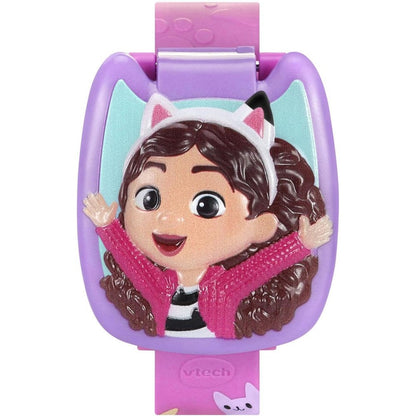 VTech Gabbys Dollhouse Time to Get Tiny Watch front view featuring pink strap and closed 3D character cover