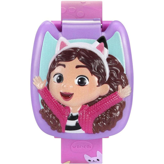VTech Gabbys Dollhouse Time to Get Tiny Watch front view featuring pink strap and closed 3D character cover