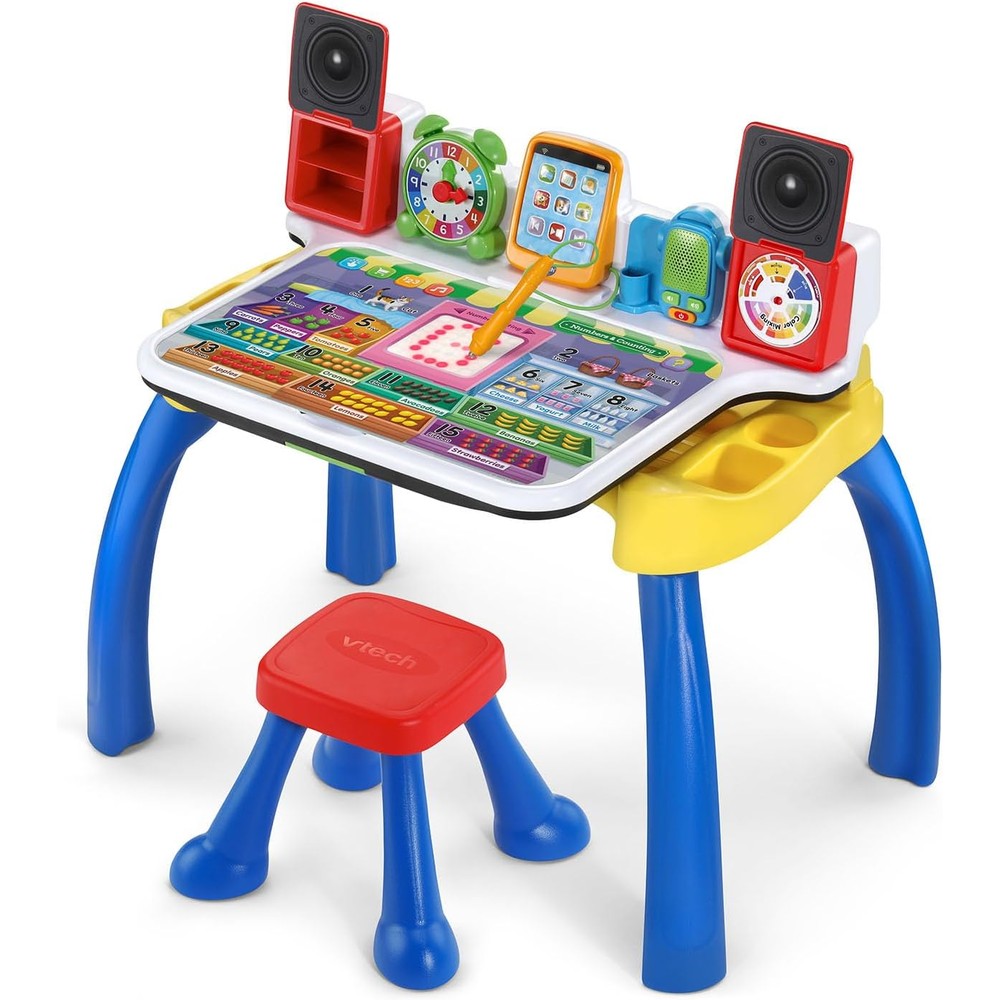 VTech Explore and Write Deluxe Activity Desk front view showing blue interactive desktop console