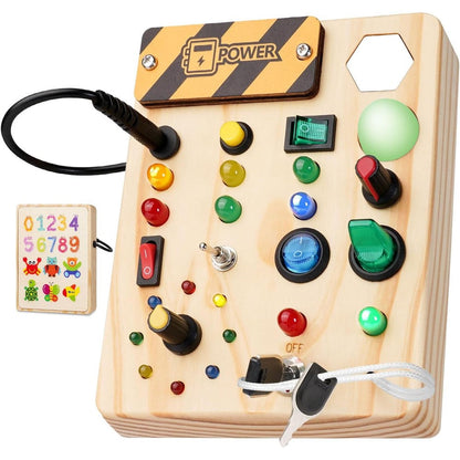 Sabdrau Montessori busy board wooden sensory toy front view showing switches and LED lights.