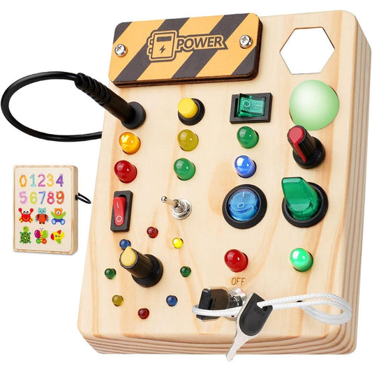Sabdrau Montessori busy board wooden sensory toy front view showing switches and LED lights.