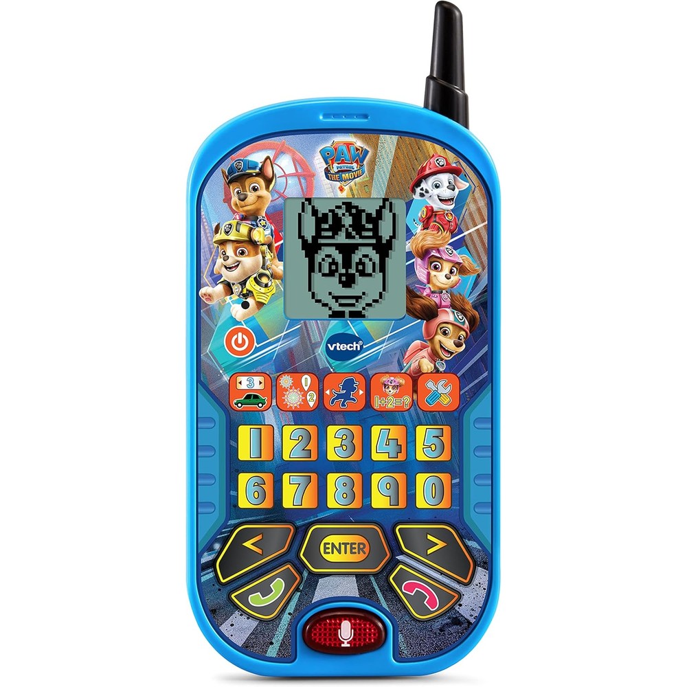 Vtech PAW Patrol learning phone blue front view showing keypad and screen.
