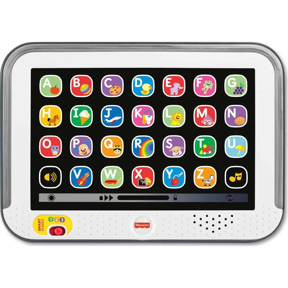Fisher-Price Laugh And Learn Smart Stages Tablet front view displaying the colorful flat-screen layout and alphabet app buttons.