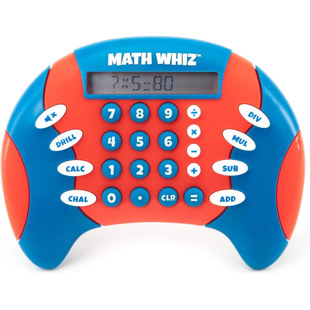 Educational Insights Math Whiz handheld electronic math game front view showing red and blue casing with digital display screen.