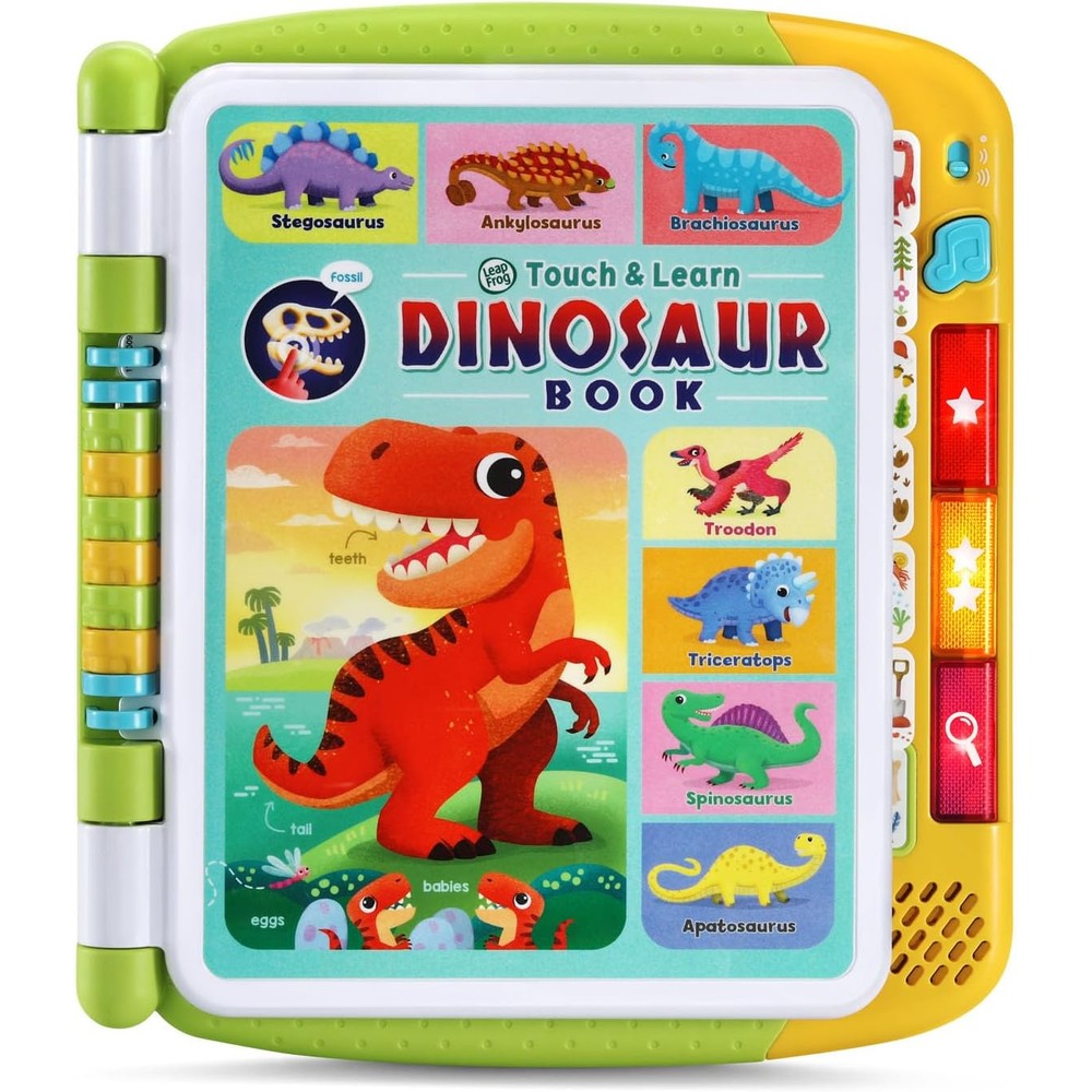 LeapFrog Touch and Learn Dinosaur Book interactive educational toy front view showing colorful dinosaur illustrations