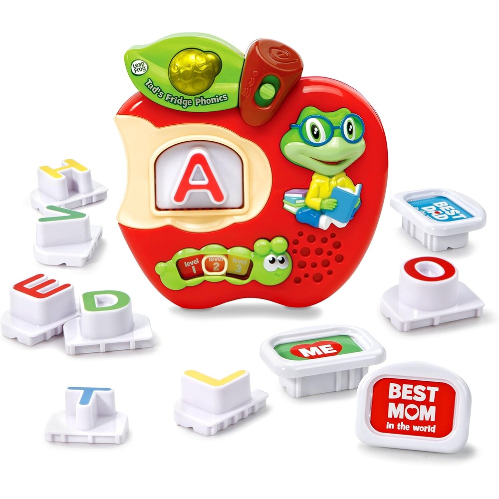 LeapFrog Tad's Fridge Phonics Magnetic Letter Set showing the main electronic apple reader and colorful alphabet tiles on a refrigerator door.