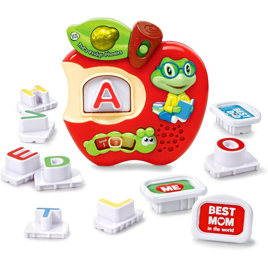 LeapFrog Tad's Fridge Phonics Magnetic Letter Set showing the main electronic apple reader and colorful alphabet tiles on a refrigerator door.