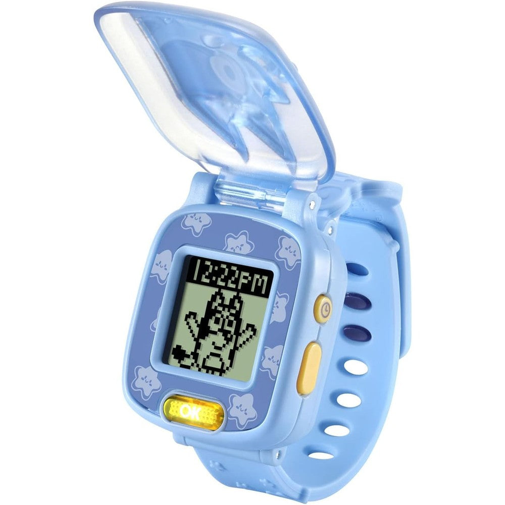 VTech Bluey Wackadoo Learning Watch front view showing the blue protective cover shaped like Bluey.