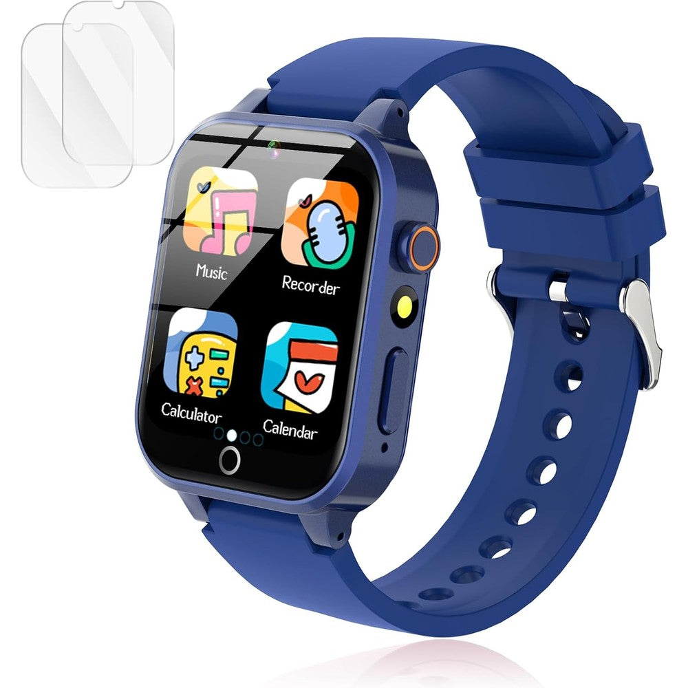 Luyiilo kids smart watch blue front view showcasing interactive touchscreen main menu display icons